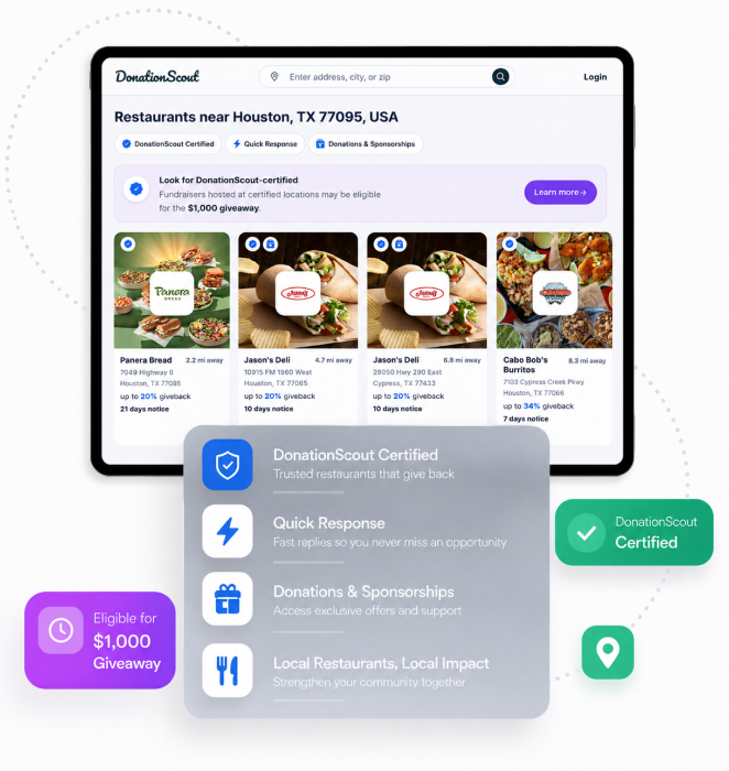 DonationScout marketplace search for community organizations near Houston with certified restaurant listings